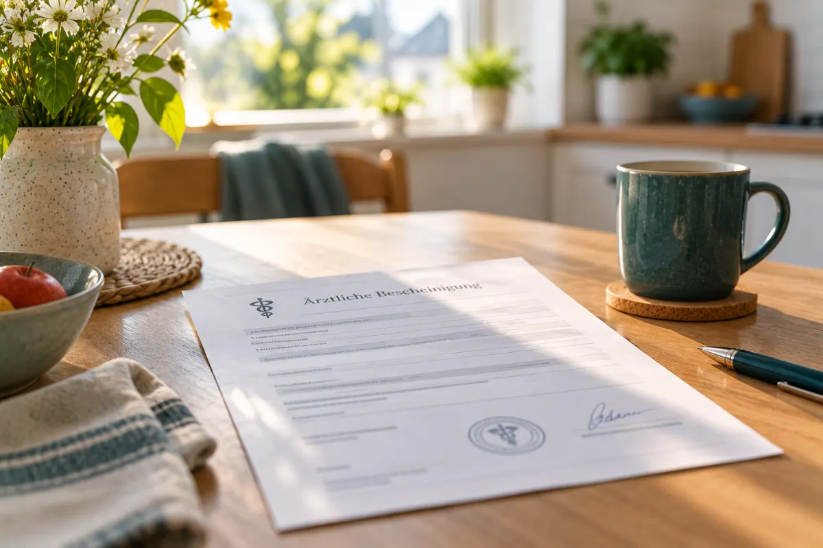 Arbeitsunfähigkeitsbescheinigung neben Sonnenschirm und Liege