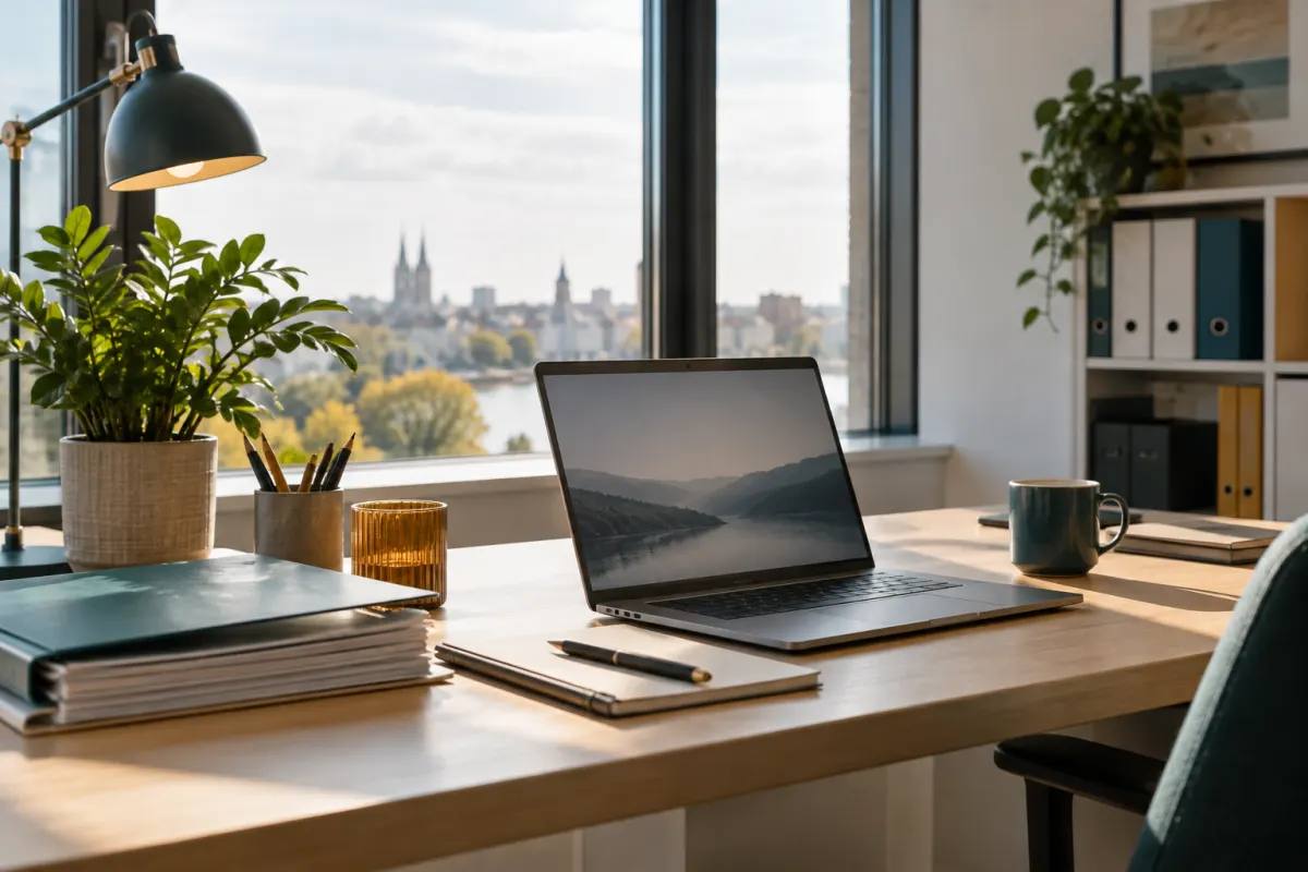 Arbeitsplatz im Büro mit Unterlagen, Bildschirm und Fenster