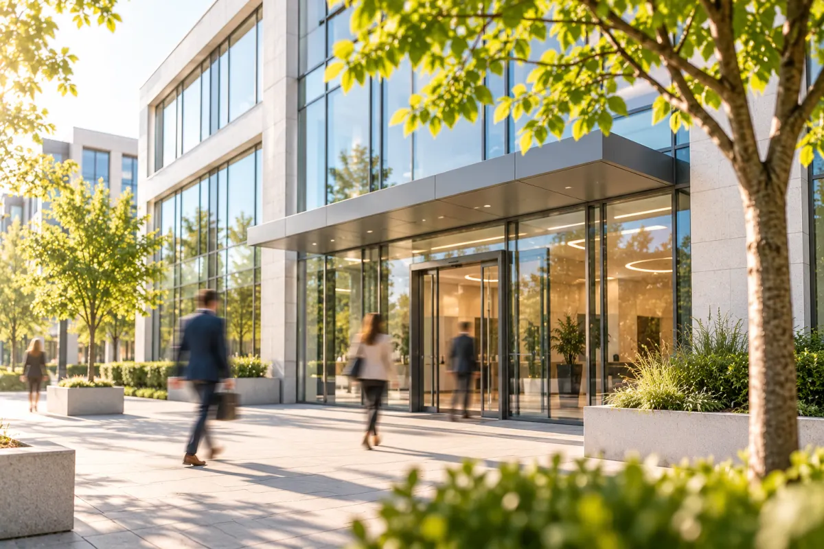 Bürogebäude eines Unternehmens mit Belegschaft davor
